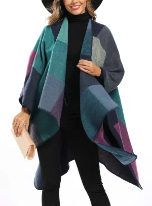 Epsion Women's Color Block Shawl Wrap Plus Size Cardigan Poncho Cape Open Front Long Winter Sweater Coat
