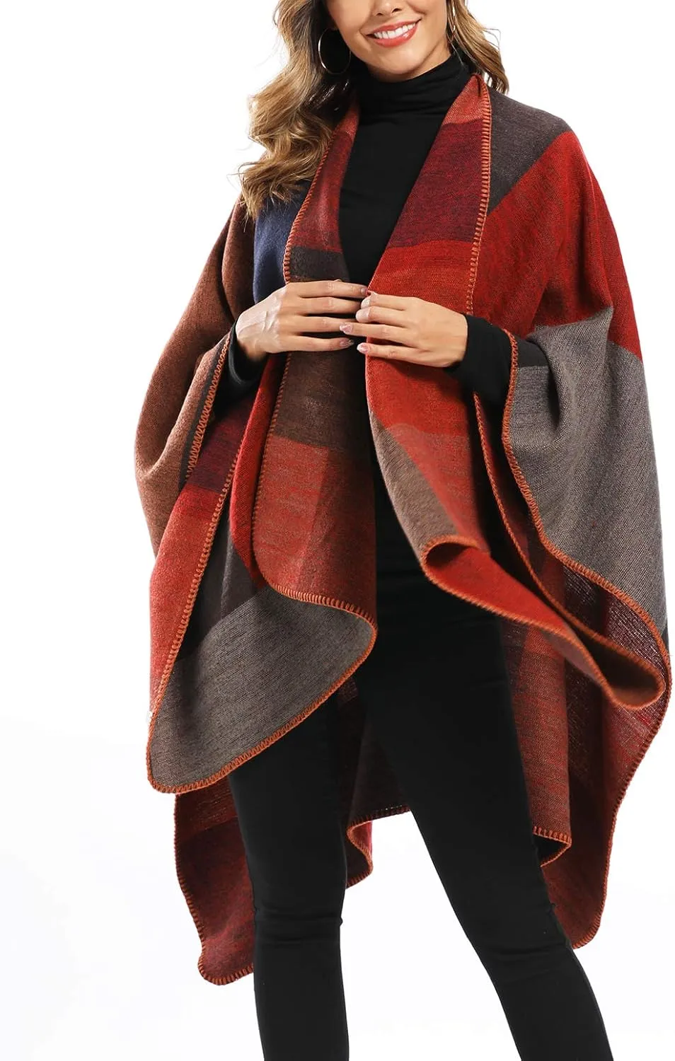 Epsion Women's Color Block Shawl Wrap Plus Size Cardigan Poncho Cape Open Front Long Winter Sweater Coat