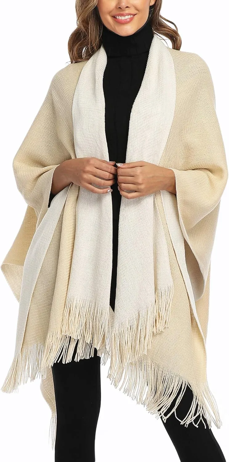 Epsion Women's Color Block Shawl Wrap Plus Size Cardigan Poncho Cape Open Front Long Winter Sweater Coat