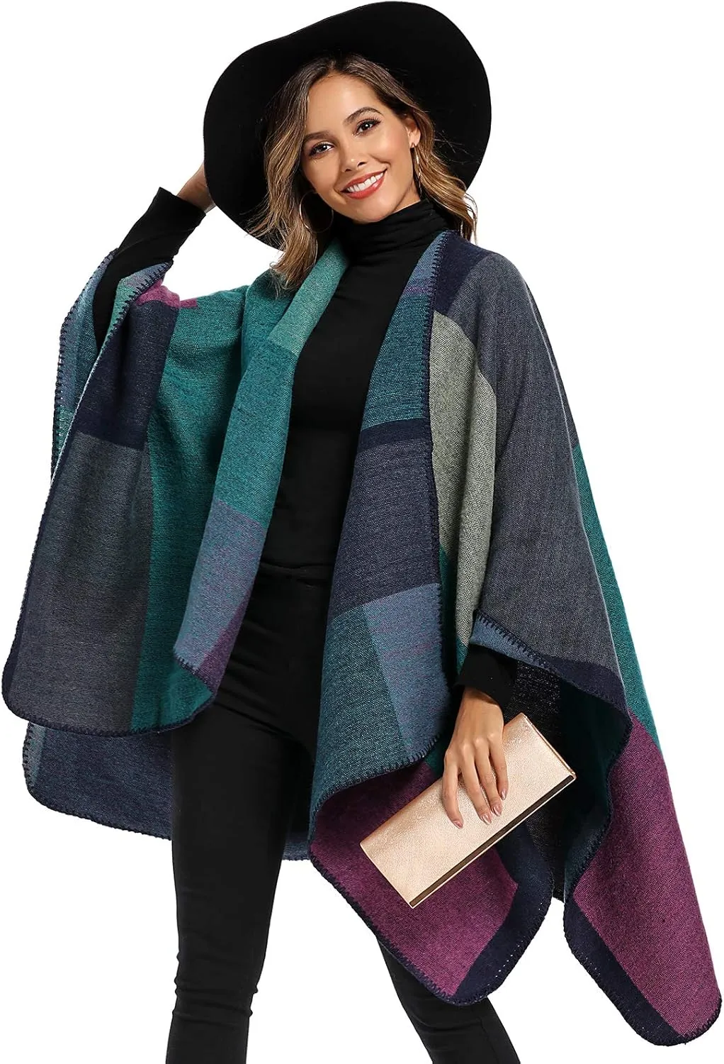 Epsion Women's Color Block Shawl Wrap Plus Size Cardigan Poncho Cape Open Front Long Winter Sweater Coat
