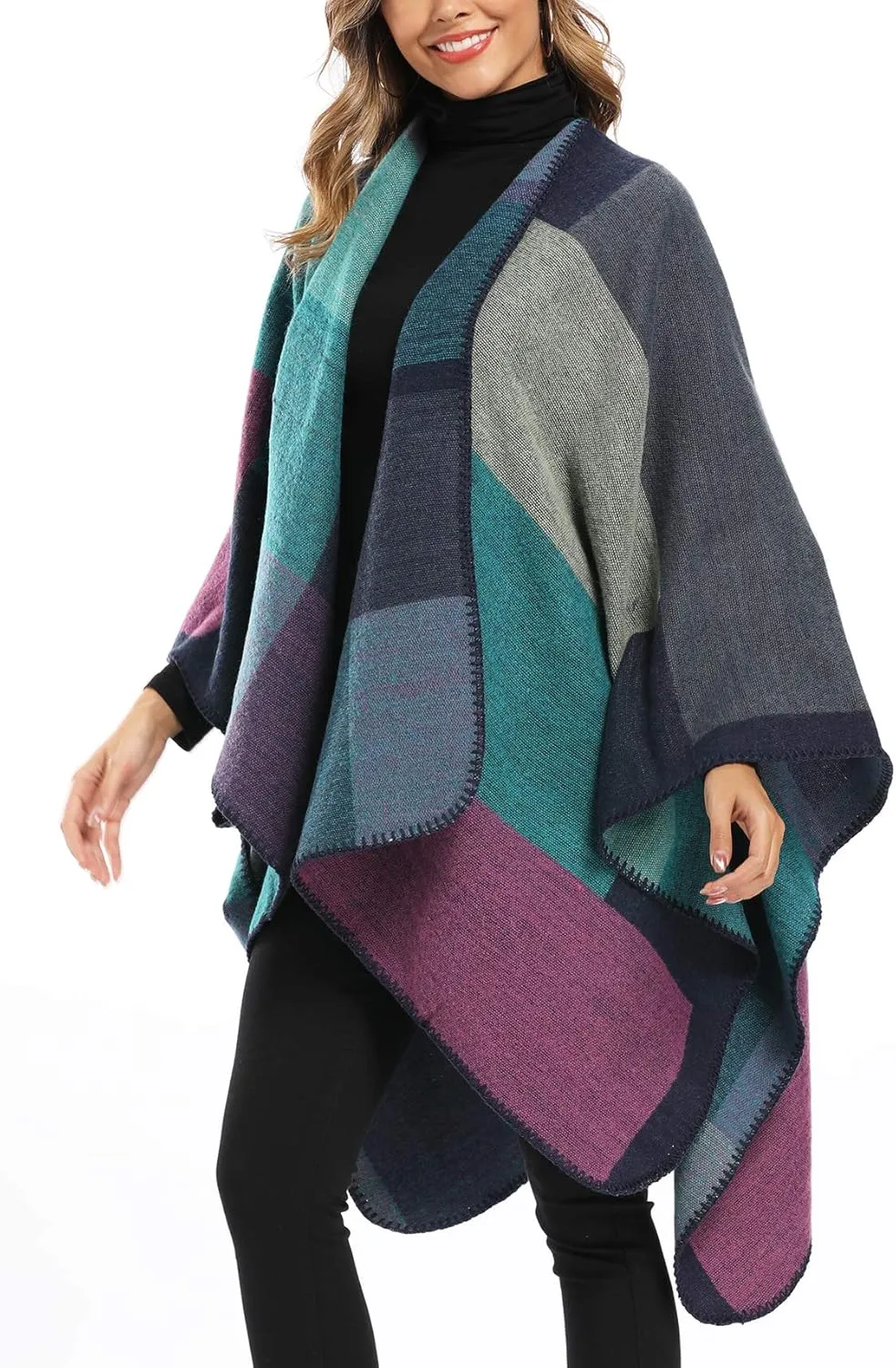 Epsion Women's Color Block Shawl Wrap Plus Size Cardigan Poncho Cape Open Front Long Winter Sweater Coat