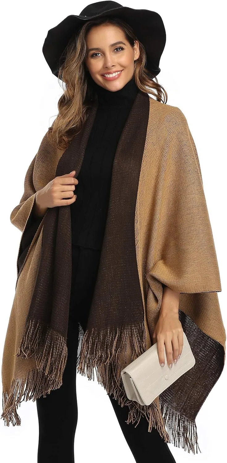 Epsion Women's Color Block Shawl Wrap Plus Size Cardigan Poncho Cape Open Front Long Winter Sweater Coat