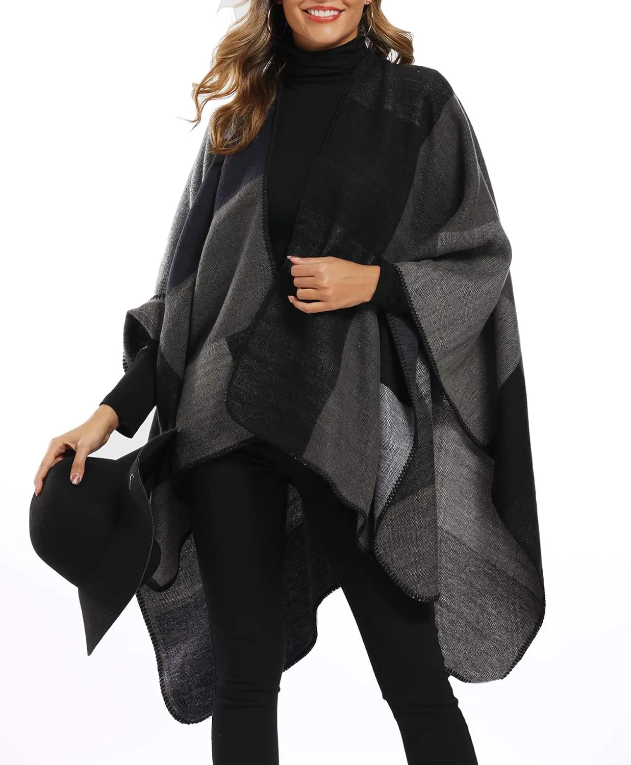 Epsion Women's Color Block Shawl Wrap Plus Size Cardigan Poncho Cape Open Front Long Winter Sweater Coat