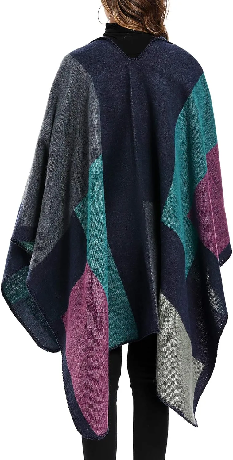 Epsion Women's Color Block Shawl Wrap Plus Size Cardigan Poncho Cape Open Front Long Winter Sweater Coat