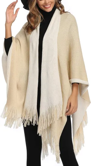 Epsion Women's Color Block Shawl Wrap Plus Size Cardigan Poncho Cape Open Front Long Winter Sweater Coat