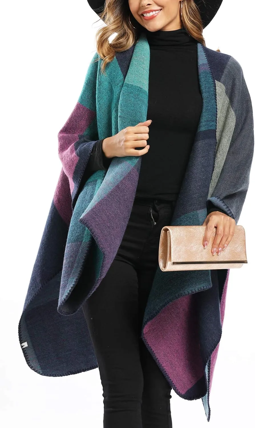 Epsion Women's Color Block Shawl Wrap Plus Size Cardigan Poncho Cape Open Front Long Winter Sweater Coat
