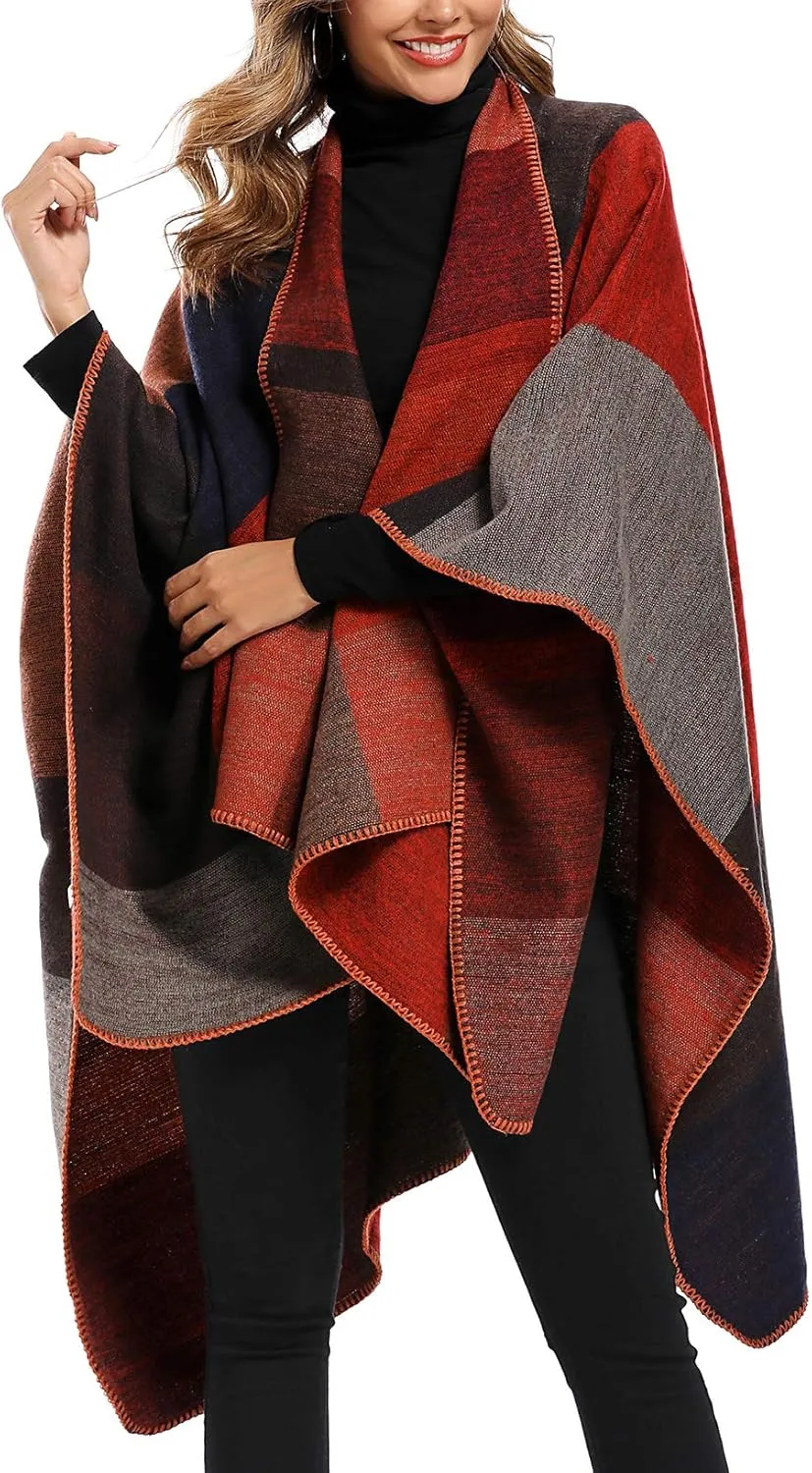 Epsion Women's Color Block Shawl Wrap Plus Size Cardigan Poncho Cape Open Front Long Winter Sweater Coat