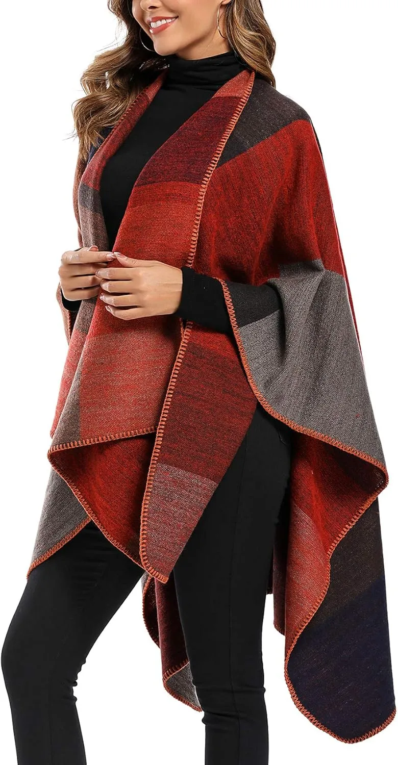 Epsion Women's Color Block Shawl Wrap Plus Size Cardigan Poncho Cape Open Front Long Winter Sweater Coat