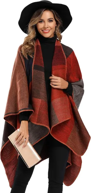 Epsion Women's Color Block Shawl Wrap Plus Size Cardigan Poncho Cape Open Front Long Winter Sweater Coat