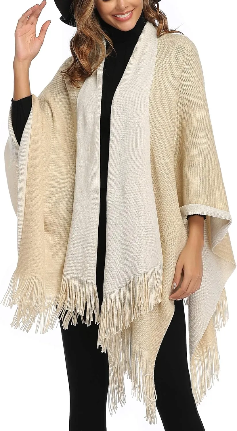 Epsion Women's Color Block Shawl Wrap Plus Size Cardigan Poncho Cape Open Front Long Winter Sweater Coat
