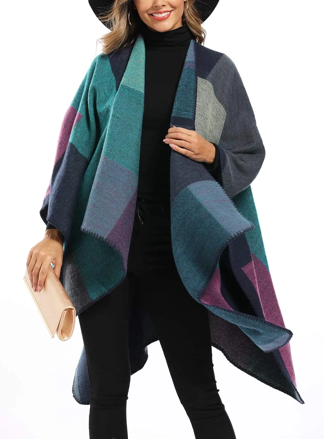 Epsion Women's Color Block Shawl Wrap Plus Size Cardigan Poncho Cape Open Front Long Winter Sweater Coat