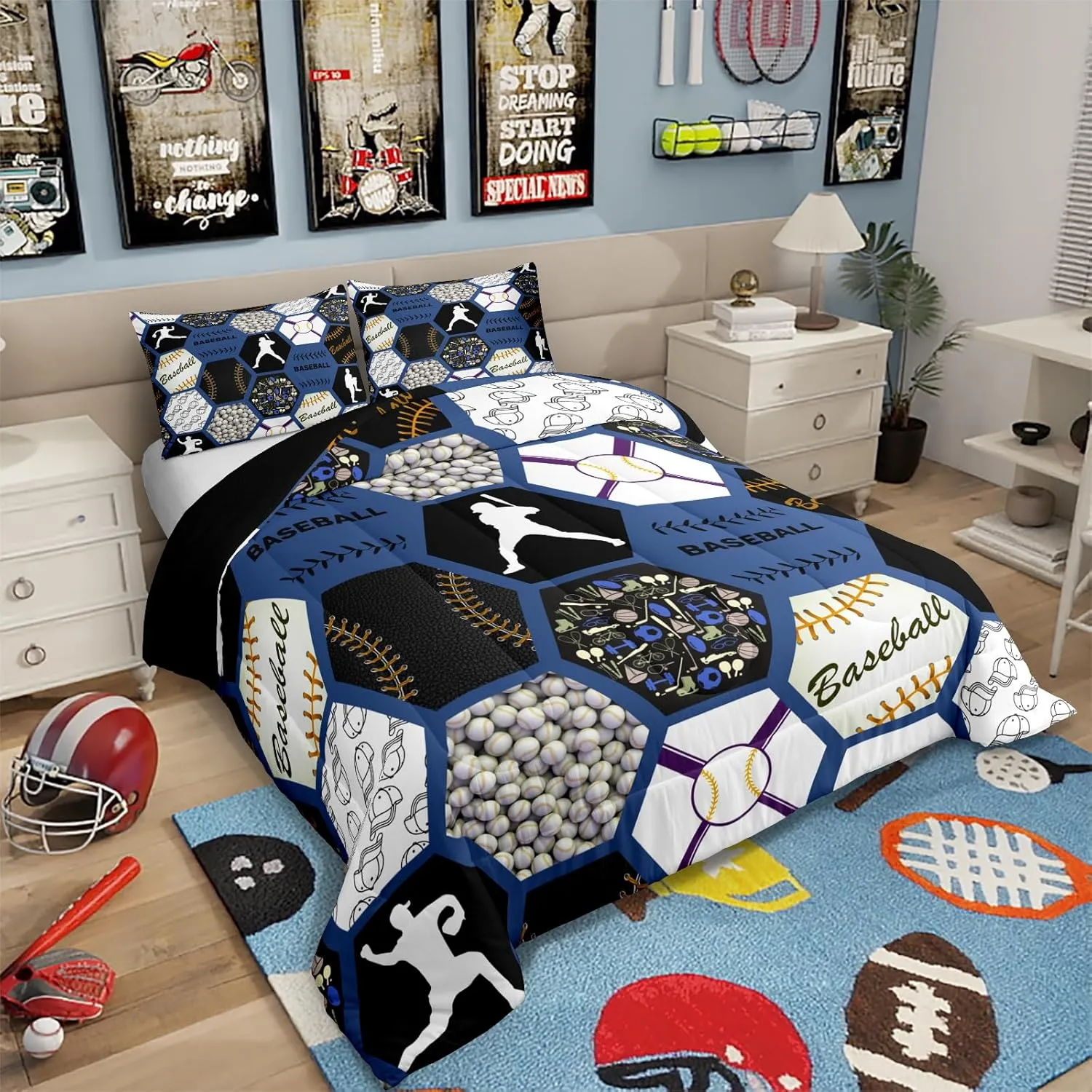 Erosebridal Baseball Queen Bedding for Boys Queen,Sports Themed Comforter for Teens Adult,Geometric Honeycomb Plaid Bedding Comforter Sets,Ball Game Quilt Set with 2 Pillowshams All Season,Blue