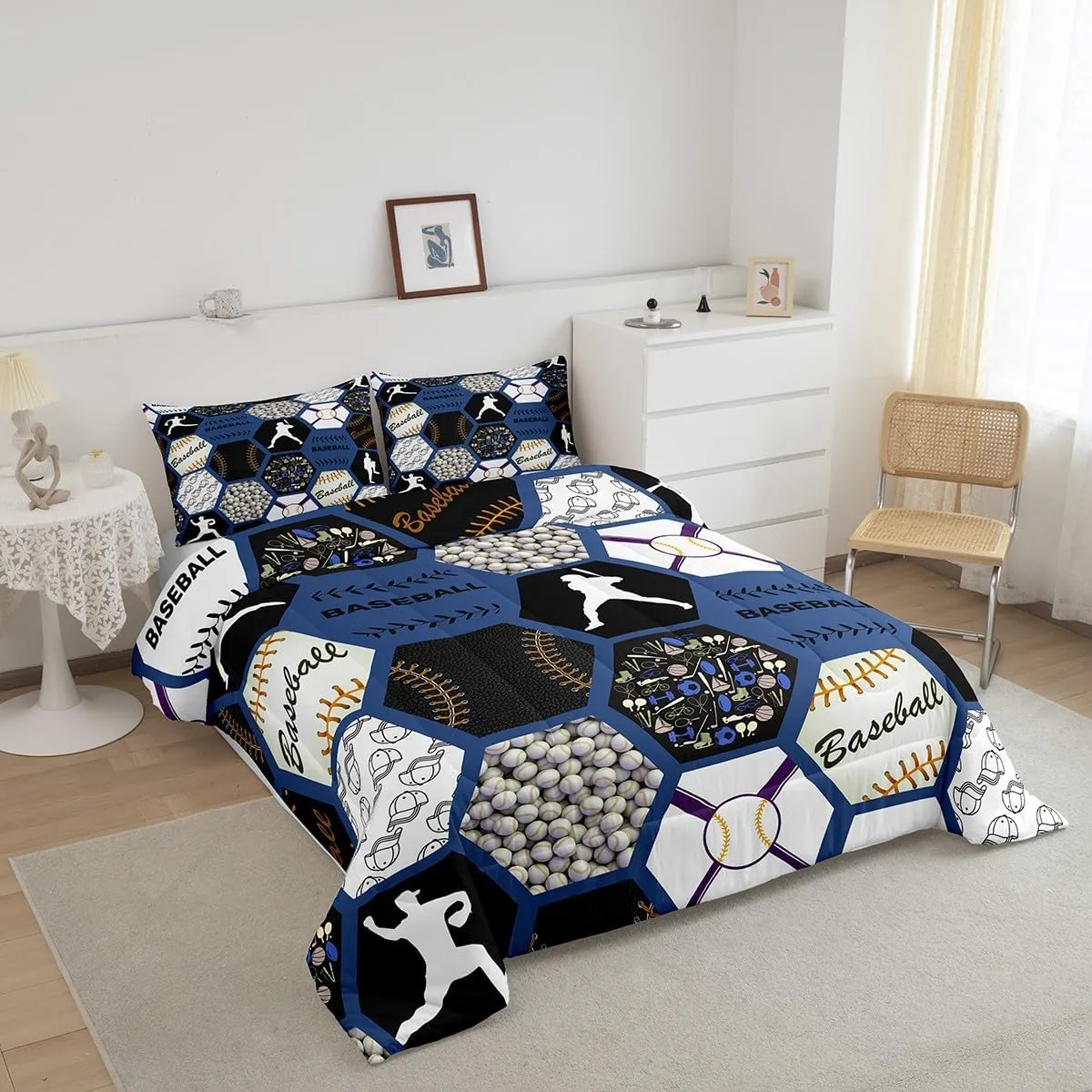 Erosebridal Baseball Queen Bedding for Boys Queen,Sports Themed Comforter for Teens Adult,Geometric Honeycomb Plaid Bedding Comforter Sets,Ball Game Quilt Set with 2 Pillowshams All Season,Blue