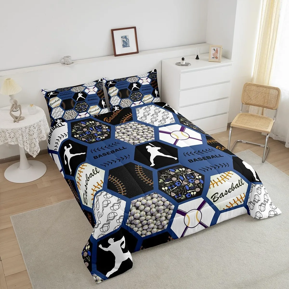 Erosebridal Baseball Queen Bedding for Boys Queen,Sports Themed Comforter for Teens Adult,Geometric Honeycomb Plaid Bedding Comforter Sets,Ball Game Quilt Set with 2 Pillowshams All Season,Blue