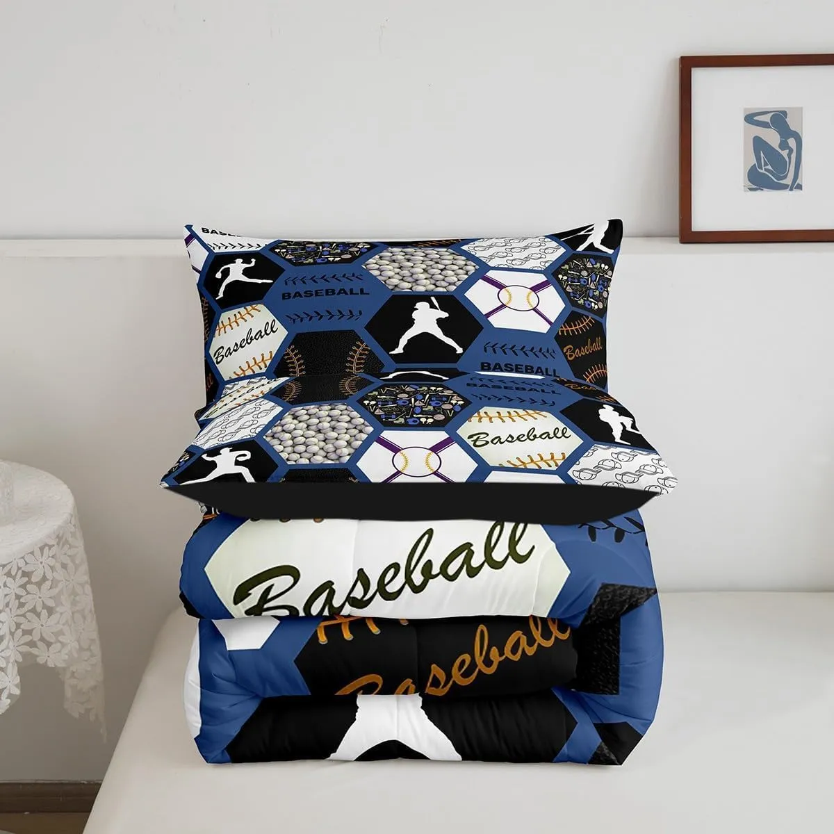 Erosebridal Baseball Queen Bedding for Boys Queen,Sports Themed Comforter for Teens Adult,Geometric Honeycomb Plaid Bedding Comforter Sets,Ball Game Quilt Set with 2 Pillowshams All Season,Blue