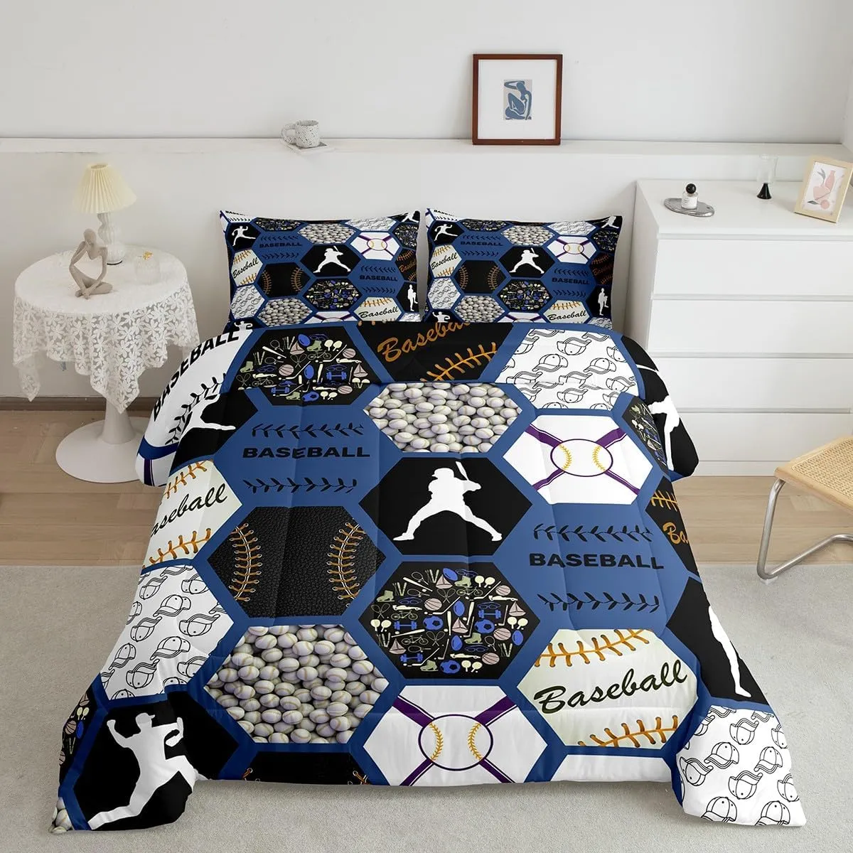 Erosebridal Baseball Queen Bedding for Boys Queen,Sports Themed Comforter for Teens Adult,Geometric Honeycomb Plaid Bedding Comforter Sets,Ball Game Quilt Set with 2 Pillowshams All Season,Blue
