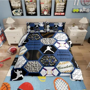 Erosebridal Baseball Queen Bedding for Boys Queen,Sports Themed Comforter for Teens Adult,Geometric Honeycomb Plaid Bedding Comforter Sets,Ball Game Quilt Set with 2 Pillowshams All Season,Blue