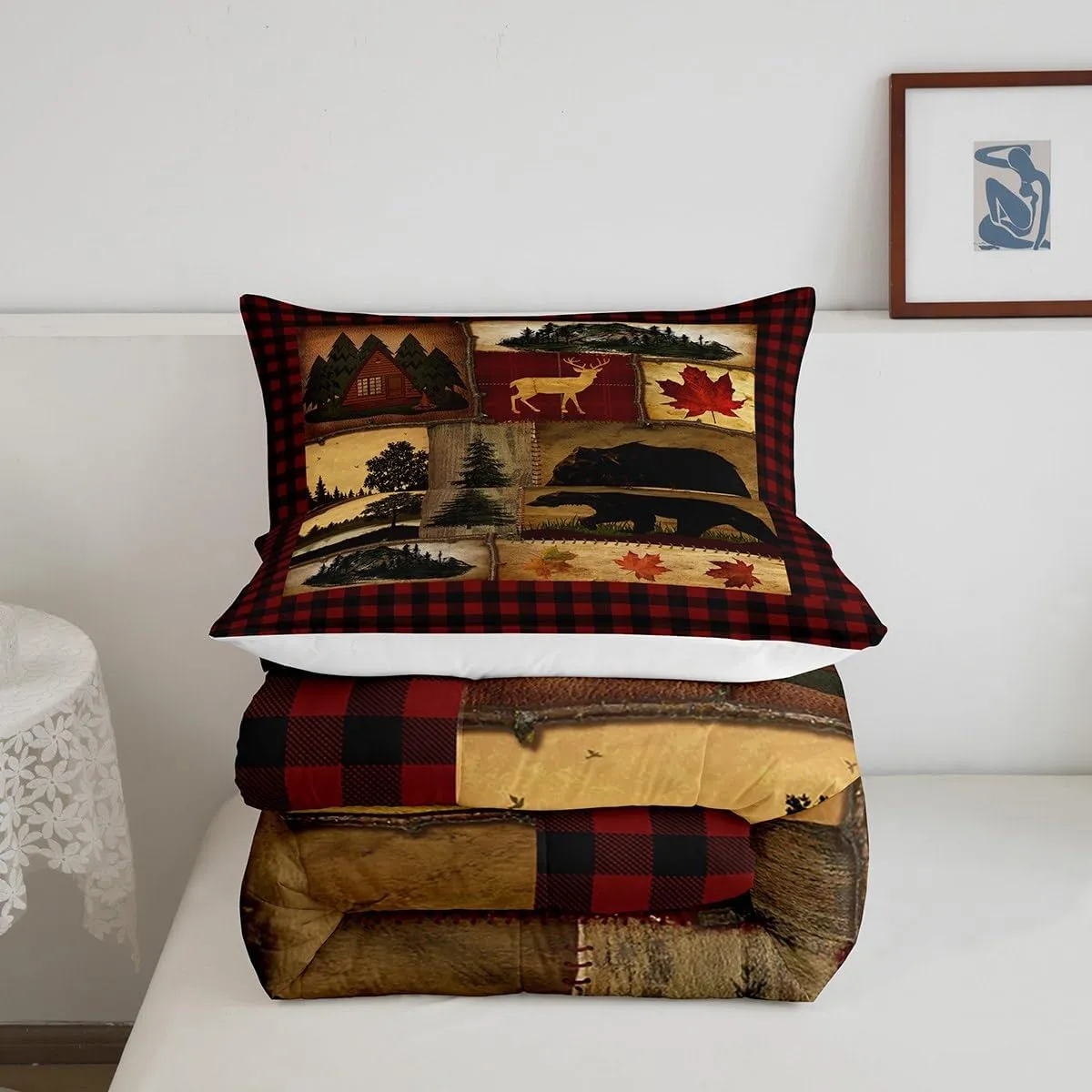 Erosebridal Bear Cabin Plaid Comforter Set Full, Rustic Farmhouse Bedding Set, Retro Hunting Deer Woodland Quilt, Country Western Duvet Set, Christmas RV Lodge Decor Down Comforter, Red Black Brown