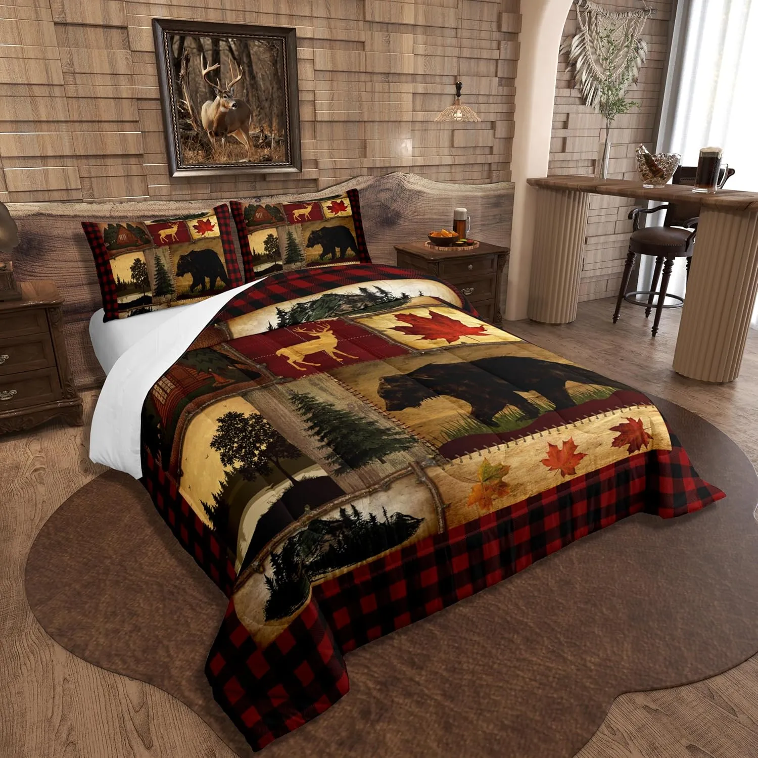 Erosebridal Bear Cabin Plaid Comforter Set Full, Rustic Farmhouse Bedding Set, Retro Hunting Deer Woodland Quilt, Country Western Duvet Set, Christmas RV Lodge Decor Down Comforter, Red Black Brown