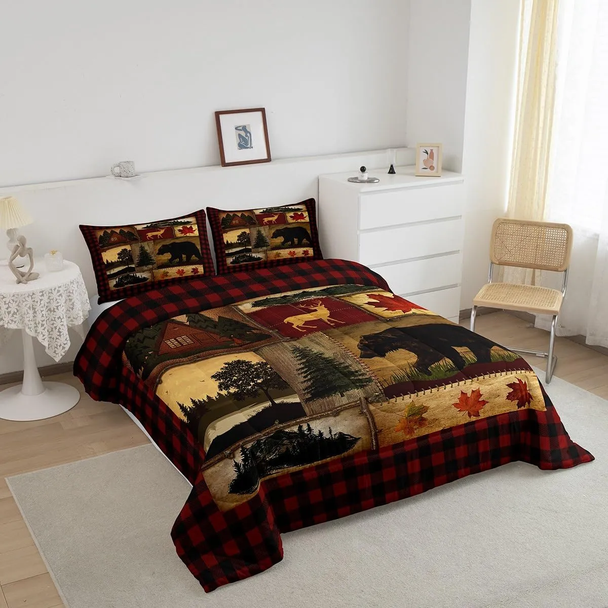 Erosebridal Bear Cabin Plaid Comforter Set Full, Rustic Farmhouse Bedding Set, Retro Hunting Deer Woodland Quilt, Country Western Duvet Set, Christmas RV Lodge Decor Down Comforter, Red Black Brown