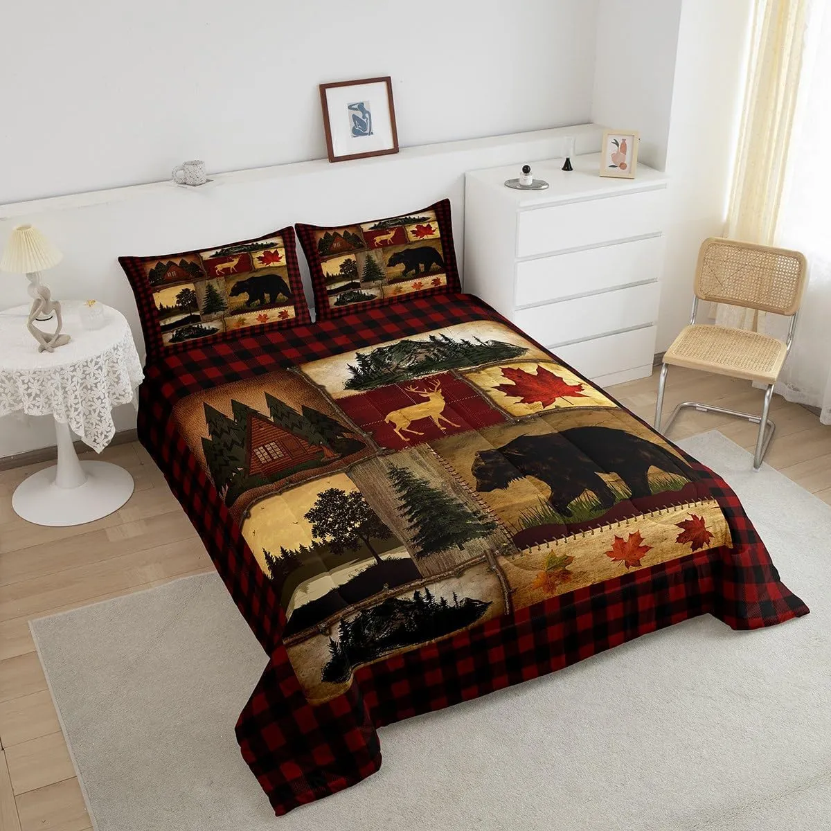 Erosebridal Bear Cabin Plaid Comforter Set Full, Rustic Farmhouse Bedding Set, Retro Hunting Deer Woodland Quilt, Country Western Duvet Set, Christmas RV Lodge Decor Down Comforter, Red Black Brown