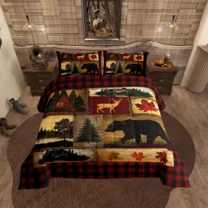 Erosebridal Bear Cabin Plaid Comforter Set Full, Rustic Farmhouse Bedding Set, Retro Hunting Deer Woodland Quilt, Country Western Duvet Set, Christmas RV Lodge Decor Down Comforter, Red Black Brown