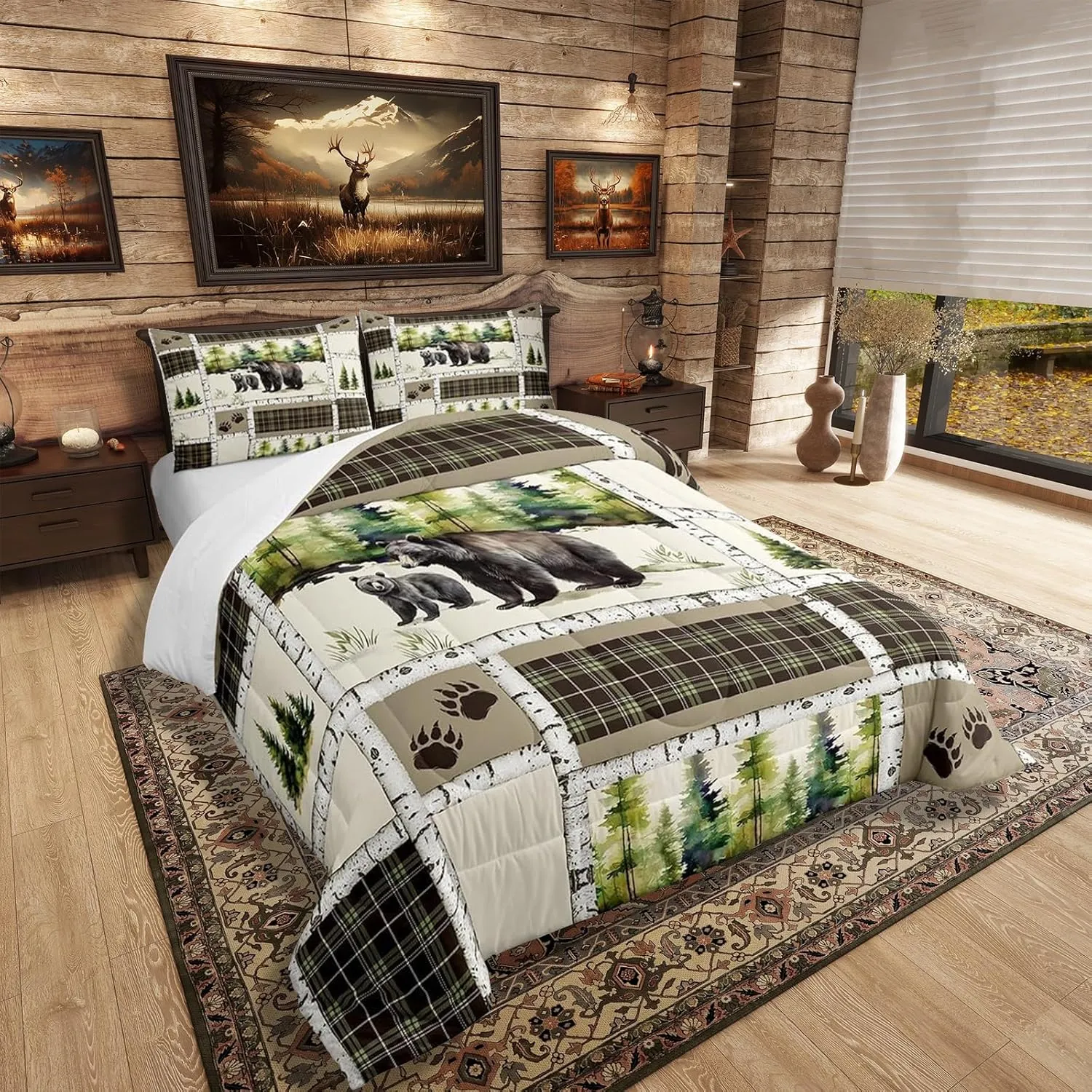 Erosebridal Bear Comforter Set Rustic Hunting Animal Bedding Set Full Farmhouse Jungle Quilt Set Plaid Lattice Patchwork Artwork Duvet Insert with 2 Pillowcases Cabin Gift Microfiber Cozy