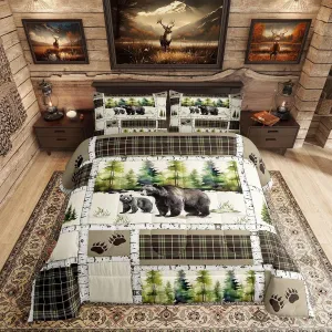 Erosebridal Bear Comforter Set Rustic Hunting Animal Bedding Set Full Farmhouse Jungle Quilt Set Plaid Lattice Patchwork Artwork Duvet Insert with 2 Pillowcases Cabin Gift Microfiber Cozy
