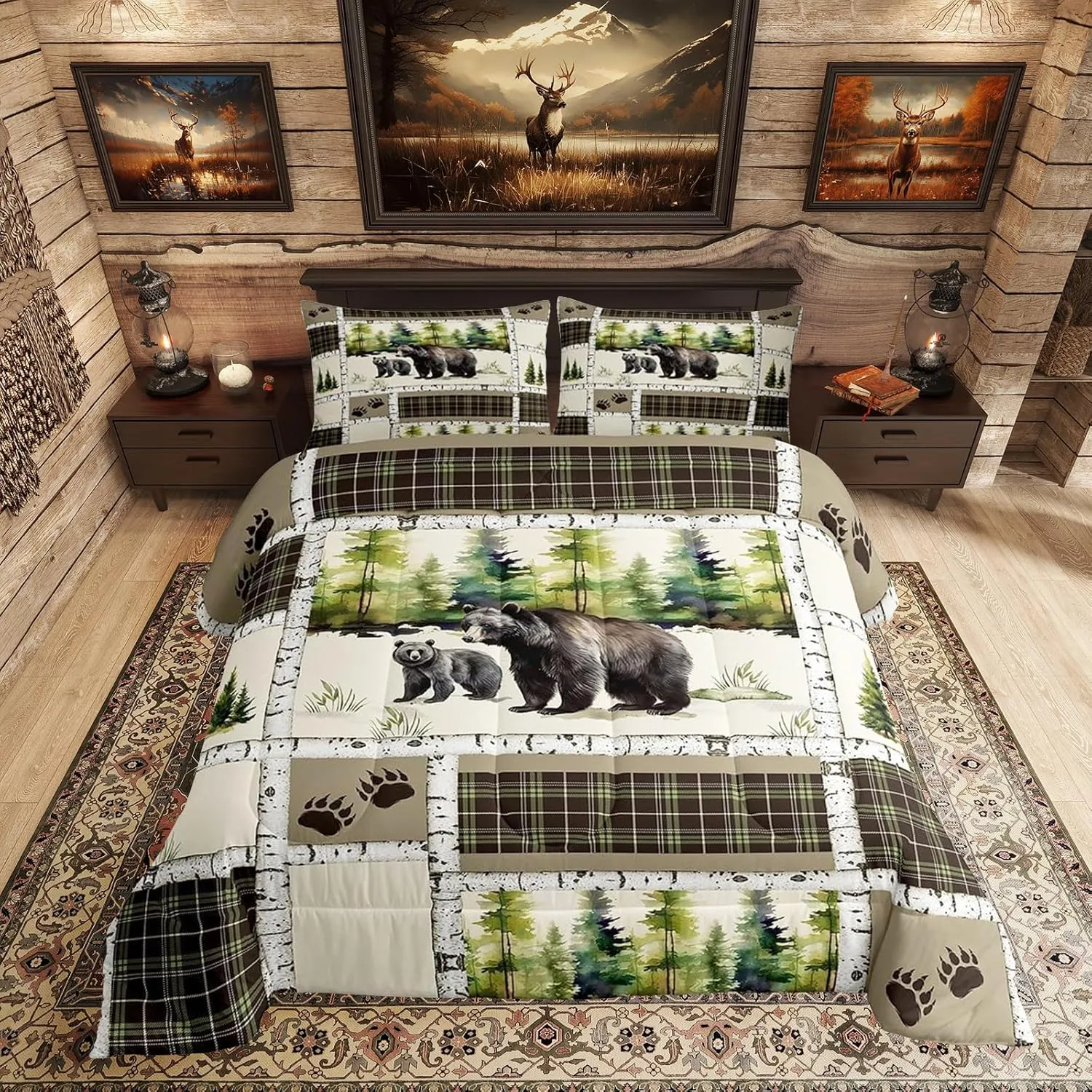 Erosebridal Bear Comforter Set Rustic Hunting Animal Bedding Set Full Farmhouse Jungle Quilt Set Plaid Lattice Patchwork Artwork Duvet Insert with 2 Pillowcases Cabin Gift Microfiber Cozy