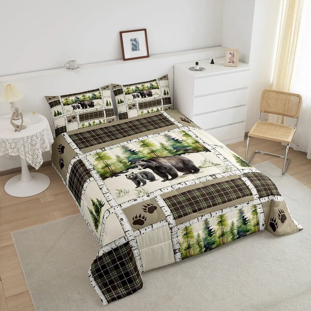 Erosebridal Bear Comforter Set Rustic Hunting Animal Bedding Set Full Farmhouse Jungle Quilt Set Plaid Lattice Patchwork Artwork Duvet Insert with 2 Pillowcases Cabin Gift Microfiber Cozy