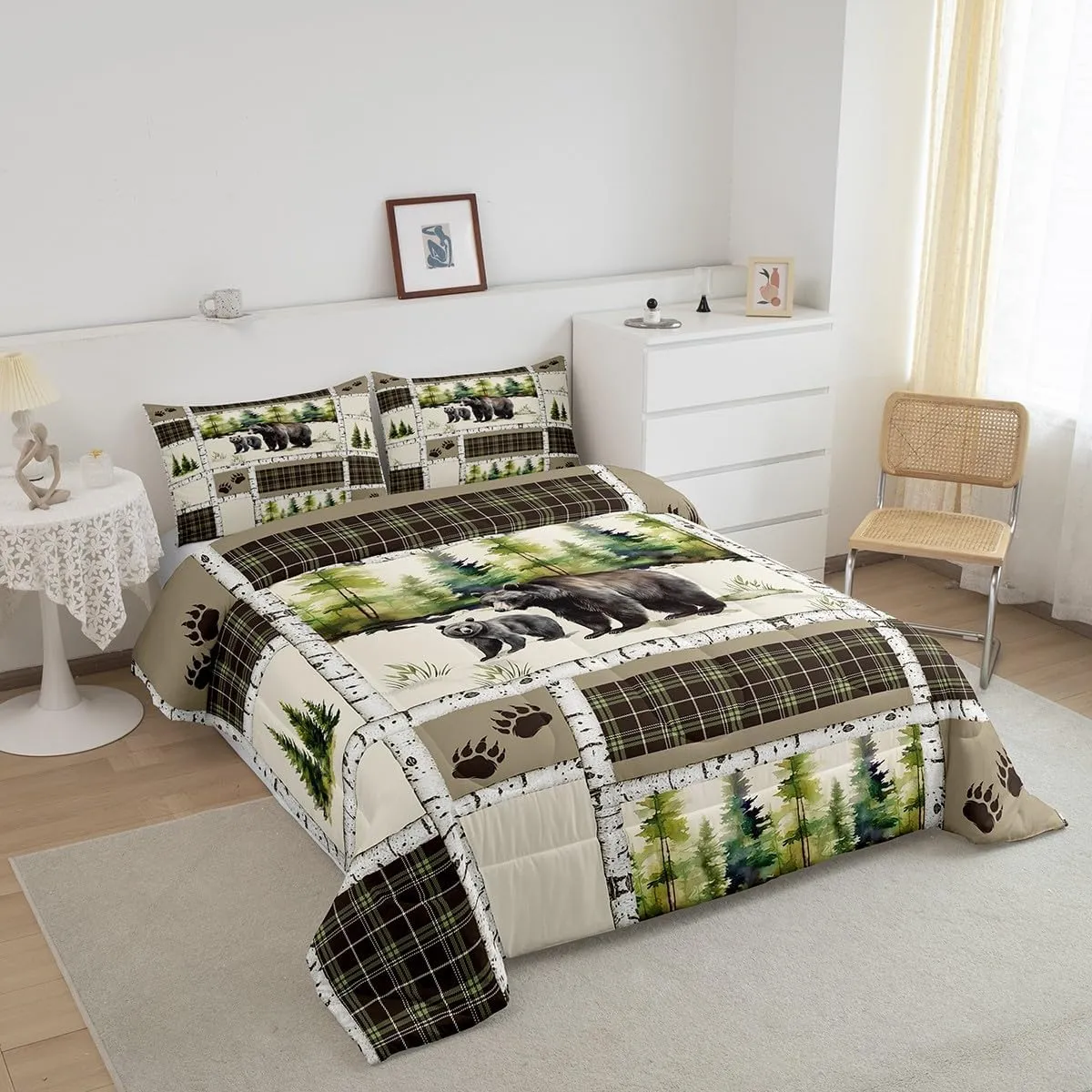 Erosebridal Bear Comforter Set Rustic Hunting Animal Bedding Set Full Farmhouse Jungle Quilt Set Plaid Lattice Patchwork Artwork Duvet Insert with 2 Pillowcases Cabin Gift Microfiber Cozy