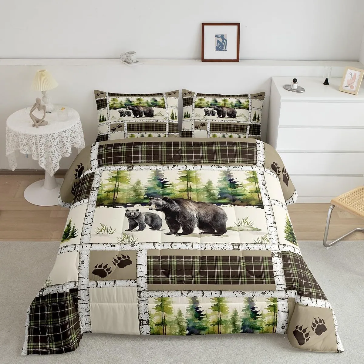 Erosebridal Bear Comforter Set Rustic Hunting Animal Bedding Set Full Farmhouse Jungle Quilt Set Plaid Lattice Patchwork Artwork Duvet Insert with 2 Pillowcases Cabin Gift Microfiber Cozy