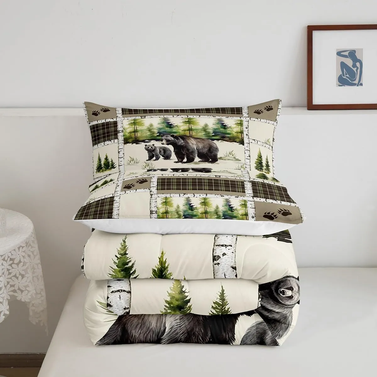 Erosebridal Bear Comforter Set Rustic Hunting Animal Bedding Set Full Farmhouse Jungle Quilt Set Plaid Lattice Patchwork Artwork Duvet Insert with 2 Pillowcases Cabin Gift Microfiber Cozy