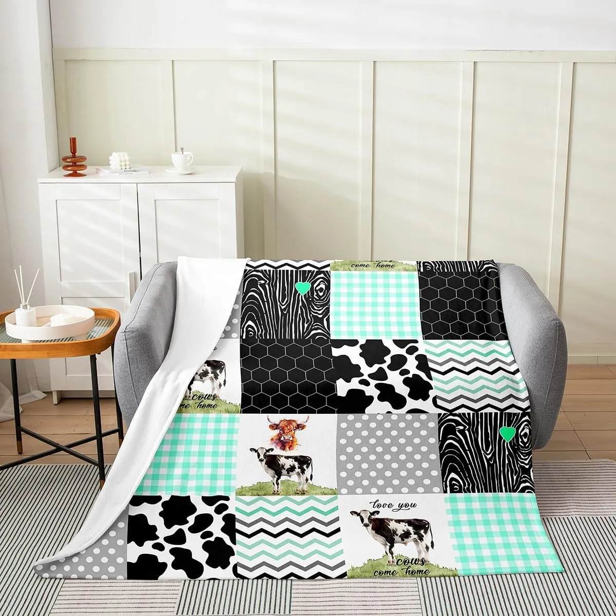 Erosebridal Cow Print Bed Blanket, 40x50 - Rustic Highland Cow Flannel Blanket, Black White Blue Honeycomb Plaid Geometric Stripes Throw Blanket, Cartoon Farmhouse Animals Blanket