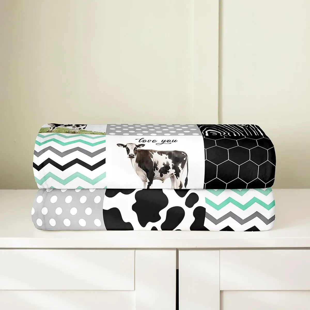 Erosebridal Cow Print Bed Blanket, 40x50 - Rustic Highland Cow Flannel Blanket, Black White Blue Honeycomb Plaid Geometric Stripes Throw Blanket, Cartoon Farmhouse Animals Blanket