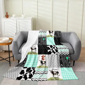 Erosebridal Cow Print Bed Blanket, 40x50 - Rustic Highland Cow Flannel Blanket, Black White Blue Honeycomb Plaid Geometric Stripes Throw Blanket, Cartoon Farmhouse Animals Blanket