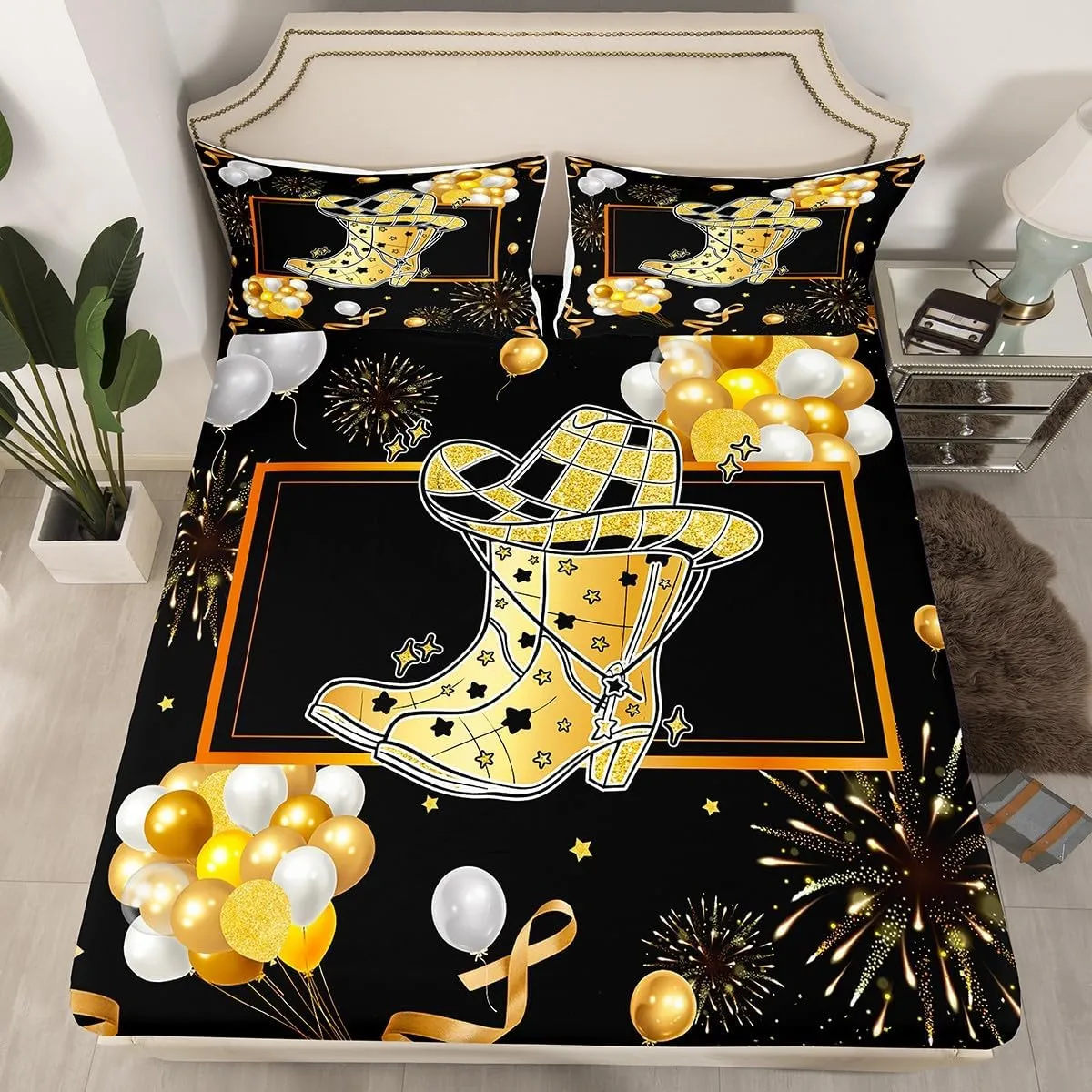 Erosebridal Cowgirl Hat Kids Bed Sheets Golden Boots Bedding Set Twin Size Western Cowboy Hats Fitted Sheet for Boys Girls Farmhouse Geometric Checkered Plaid Sheets