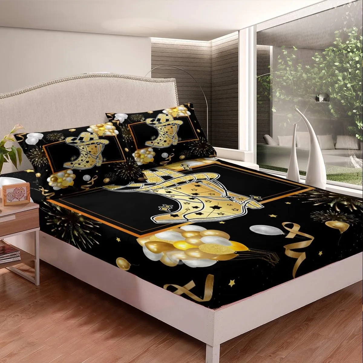 Erosebridal Cowgirl Hat Kids Bed Sheets Golden Boots Bedding Set Twin Size Western Cowboy Hats Fitted Sheet for Boys Girls Farmhouse Geometric Checkered Plaid Sheets