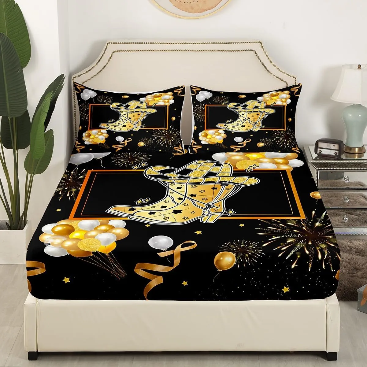 Erosebridal Cowgirl Hat Kids Bed Sheets Golden Boots Bedding Set Twin Size Western Cowboy Hats Fitted Sheet for Boys Girls Farmhouse Geometric Checkered Plaid Sheets