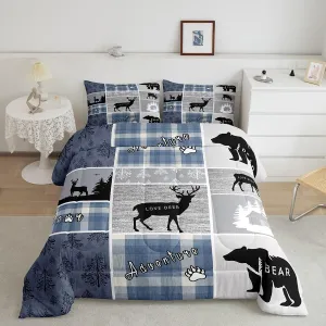 Erosebridal Kids Deer Bear Comforter Set, Rustic Farmhouse Quilt Vintage Adventure Camping Bedding Twin Size for Boys Teens Adult,Retro Cabin Lodge Plaid Duvet Insert Deer Gifts for Girls,Blue Grey