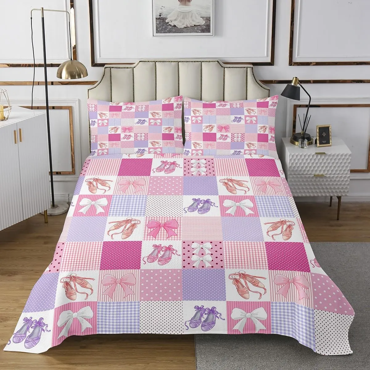 Erosebridal Pink Patchwork King Size Bedspread Set 3-Piece, Girls Pink Bowknot Quilt Set Cute Ballet Shoes Pattern Coverlet Set, Princess Style Plaid Bed Set, Pink Purple