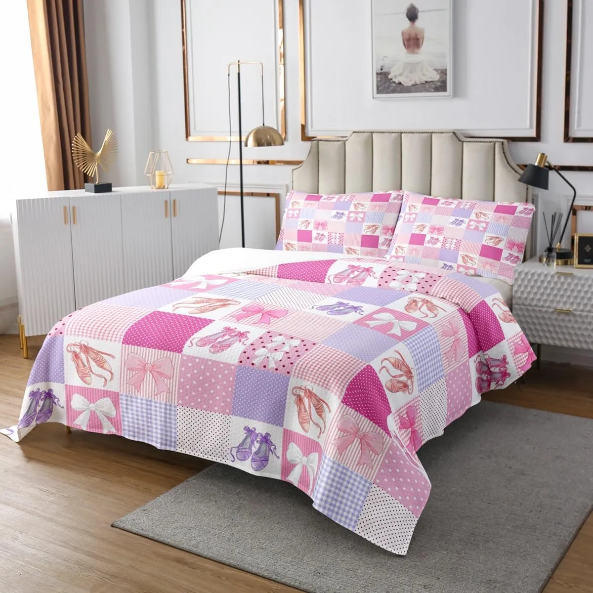 Erosebridal Pink Patchwork King Size Bedspread Set 3-Piece, Girls Pink Bowknot Quilt Set Cute Ballet Shoes Pattern Coverlet Set, Princess Style Plaid Bed Set, Pink Purple