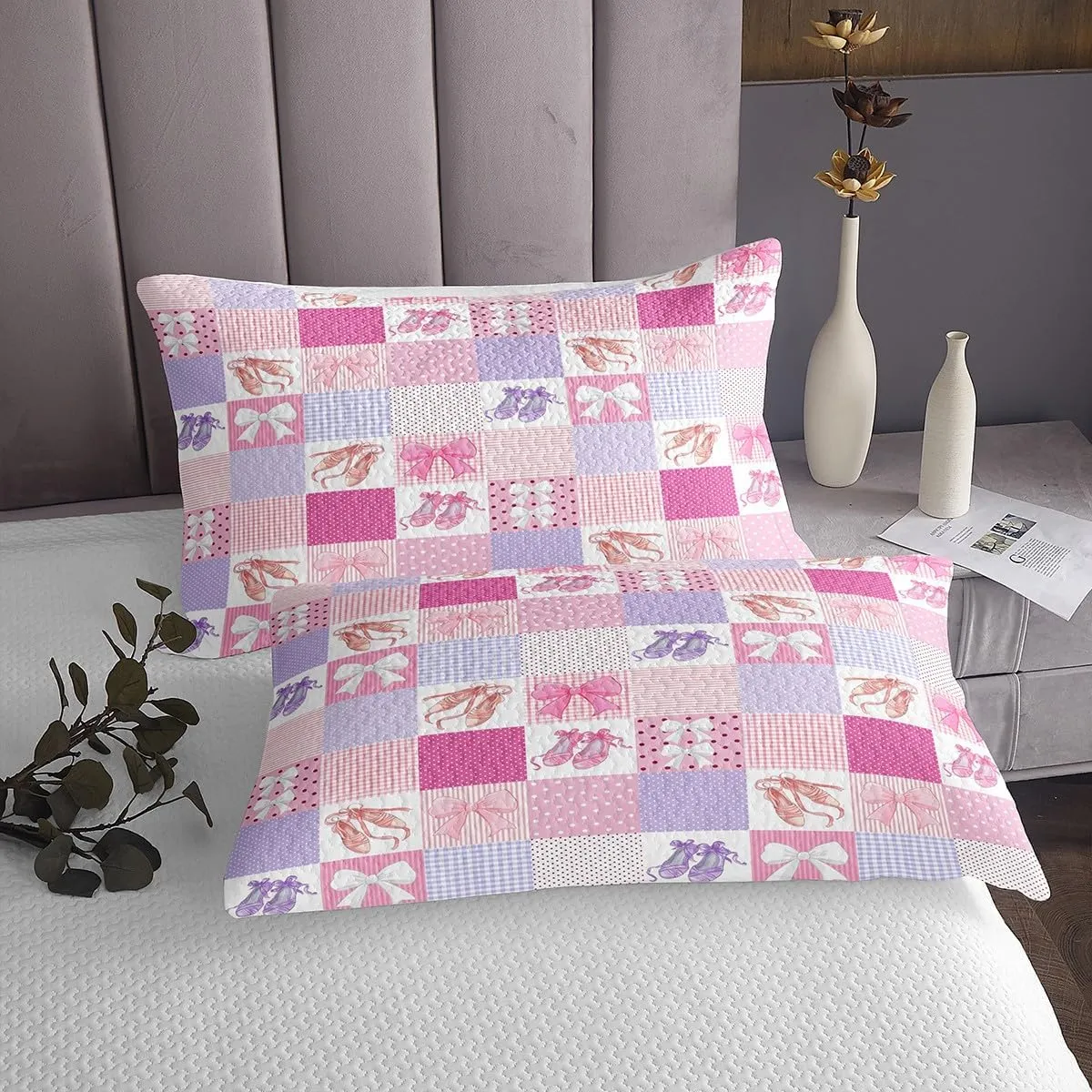 Erosebridal Pink Patchwork King Size Bedspread Set 3-Piece, Girls Pink Bowknot Quilt Set Cute Ballet Shoes Pattern Coverlet Set, Princess Style Plaid Bed Set, Pink Purple
