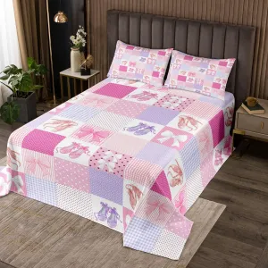 Erosebridal Pink Patchwork King Size Bedspread Set 3-Piece, Girls Pink Bowknot Quilt Set Cute Ballet Shoes Pattern Coverlet Set, Princess Style Plaid Bed Set, Pink Purple
