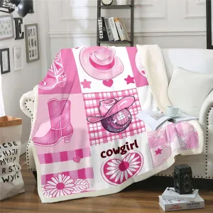 Erosebridal Pink Western Cowgirl Throw Blanket Twin 60"X80" Cowboy Boots Hat Fleece Blanket for Girls Kids Women Patchwork Disco Cowgirl Sherpa Blanket Plaid Grids Daisy Stars Hearts Fuzzy Blanket