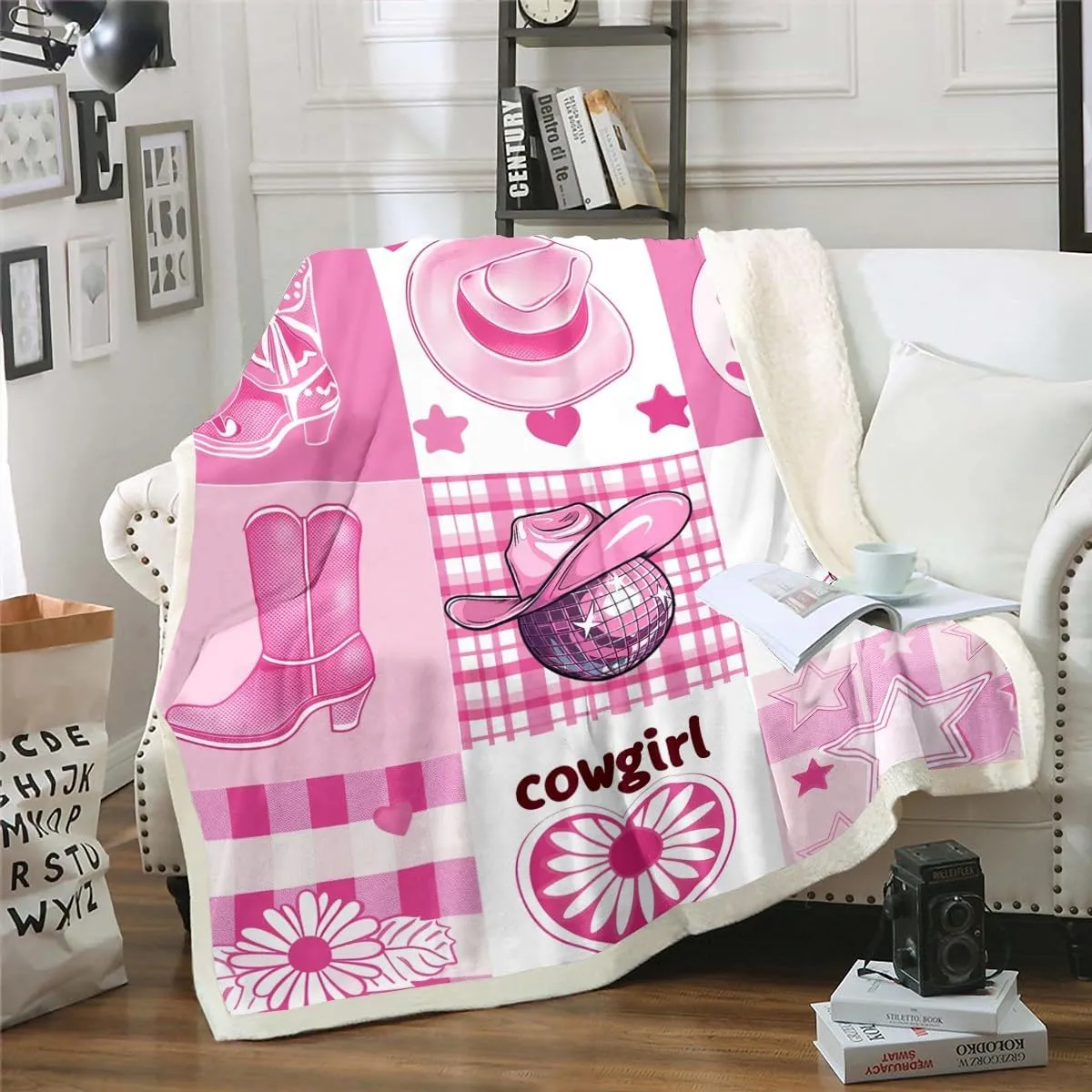 Erosebridal Pink Western Cowgirl Throw Blanket Twin 60"X80" Cowboy Boots Hat Fleece Blanket for Girls Kids Women Patchwork Disco Cowgirl Sherpa Blanket Plaid Grids Daisy Stars Hearts Fuzzy Blanket