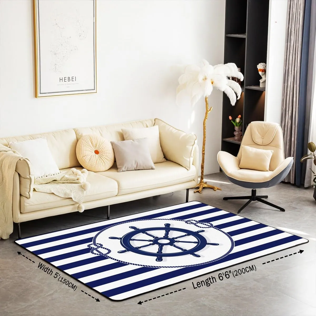 Erosebridal Ships Wheel Area Rug 5X7,Steering Wheel Pattern Carpet,Bule and White Striped Indoor Floor Mat,Cute Navigation Equipment Non Slip Machine Wash Dry Decorative Accent Rug for Playroom