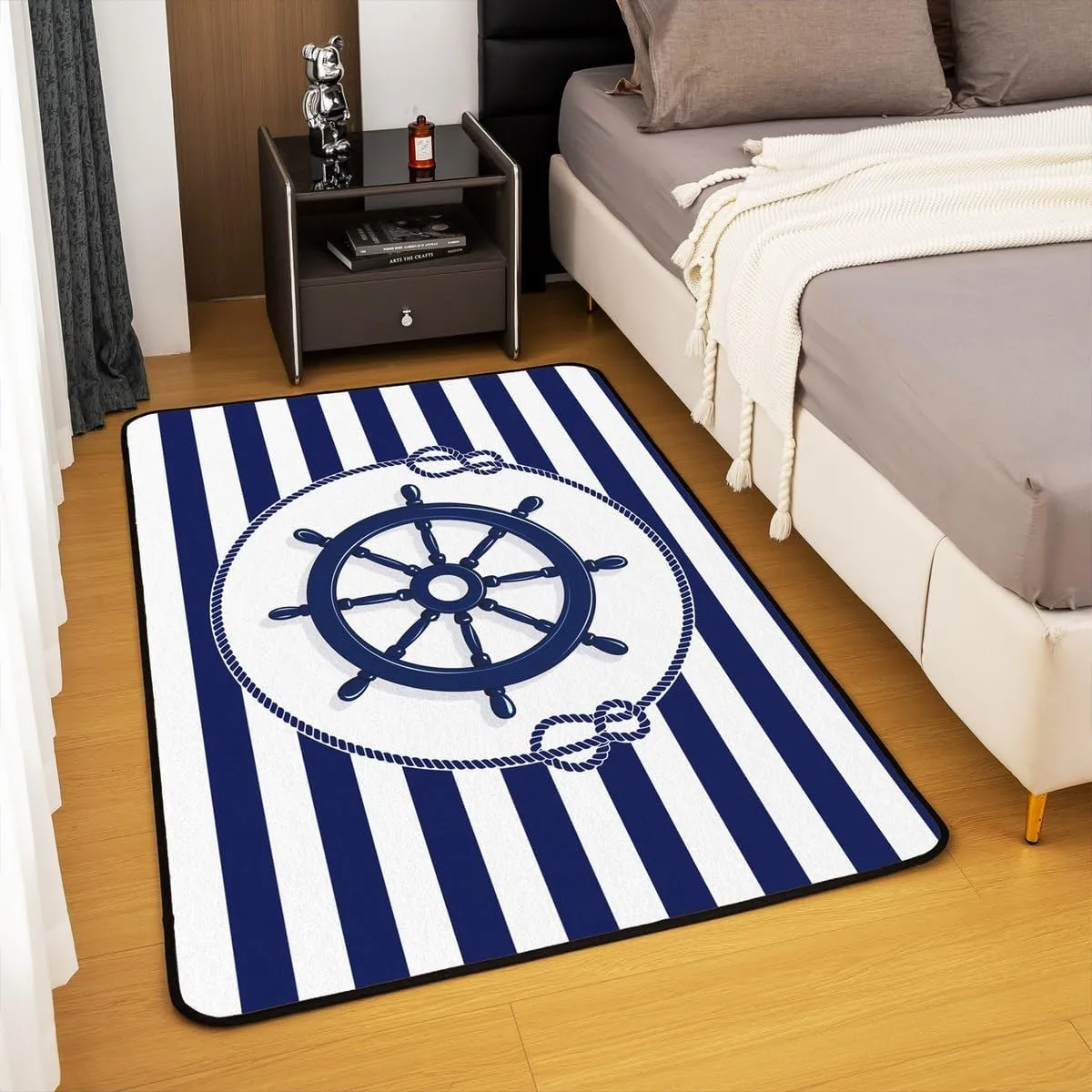 Erosebridal Ships Wheel Area Rug 5X7,Steering Wheel Pattern Carpet,Bule and White Striped Indoor Floor Mat,Cute Navigation Equipment Non Slip Machine Wash Dry Decorative Accent Rug for Playroom