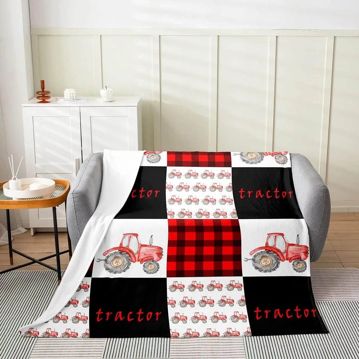 Erosebridal Tractor Throw Blanket Red Tractor Sherpa Blanket for Boys Kids Girls Equipment Truck Blanket Throw 50x60 Inch Buffalo Plaid Fleece Blanket Farmhouse Harvester Grid Fuzzy Blanket, Black