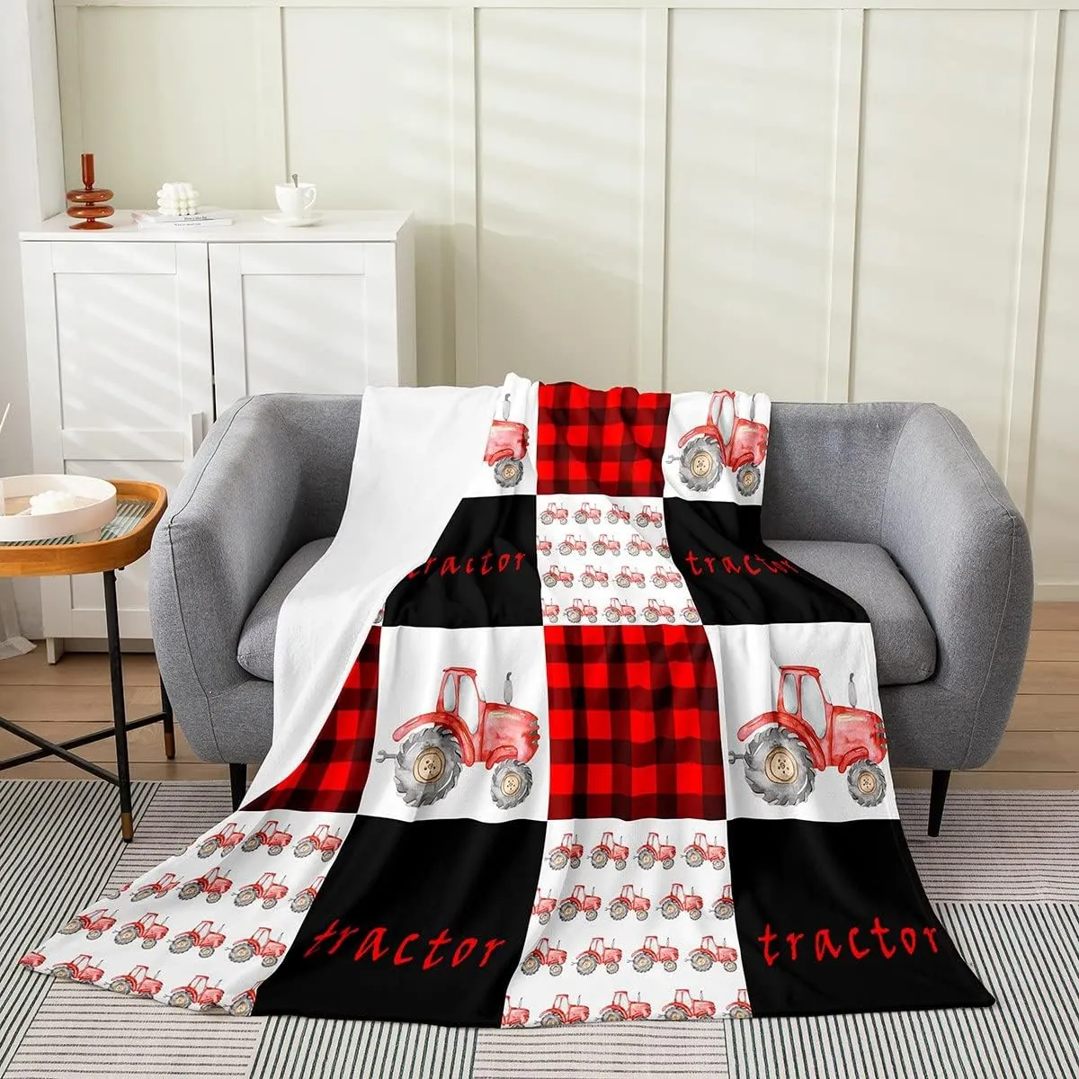 Erosebridal Tractor Throw Blanket Red Tractor Sherpa Blanket for Boys Kids Girls Equipment Truck Blanket Throw 50x60 Inch Buffalo Plaid Fleece Blanket Farmhouse Harvester Grid Fuzzy Blanket, Black